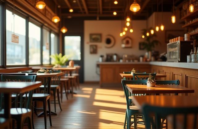 Interior view of Aussie Bites Deli with seating area showing warm, inviting atmosphere