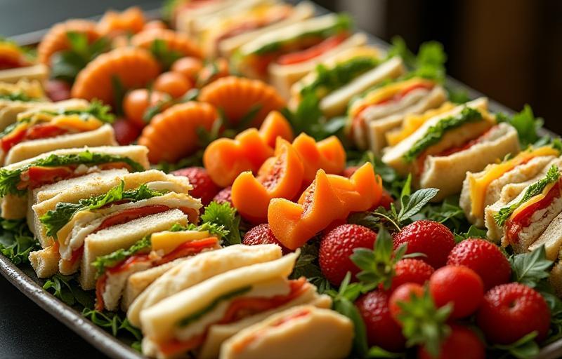 Assorted catering platter with sandwiches, wraps, fruits, and snacks arranged for an event
