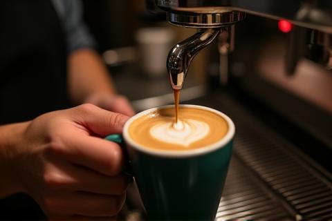 Skilled barista expertly preparing a coffee with latte art