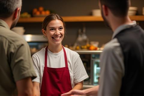 Friendly interaction between a customer and staff member at the deli counter