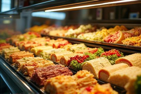Deli counter with a colourful display of sandwiches, salads, and baked goods