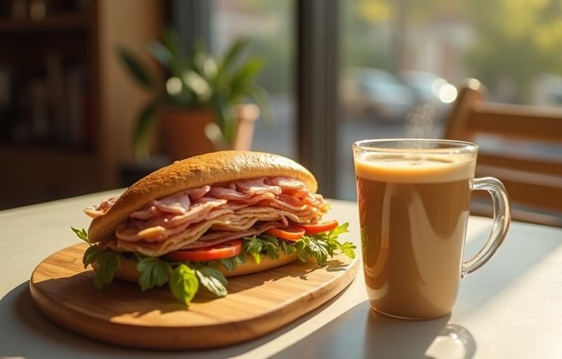 Delicious sandwich and coffee on a table at Aussie Bites Deli