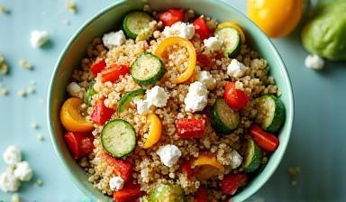 Bowl of vibrant, fresh quinoa salad with roasted vegetables and feta cheese
