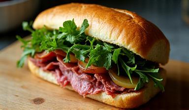 Gourmet roast beef roll with rocket and caramelised onion